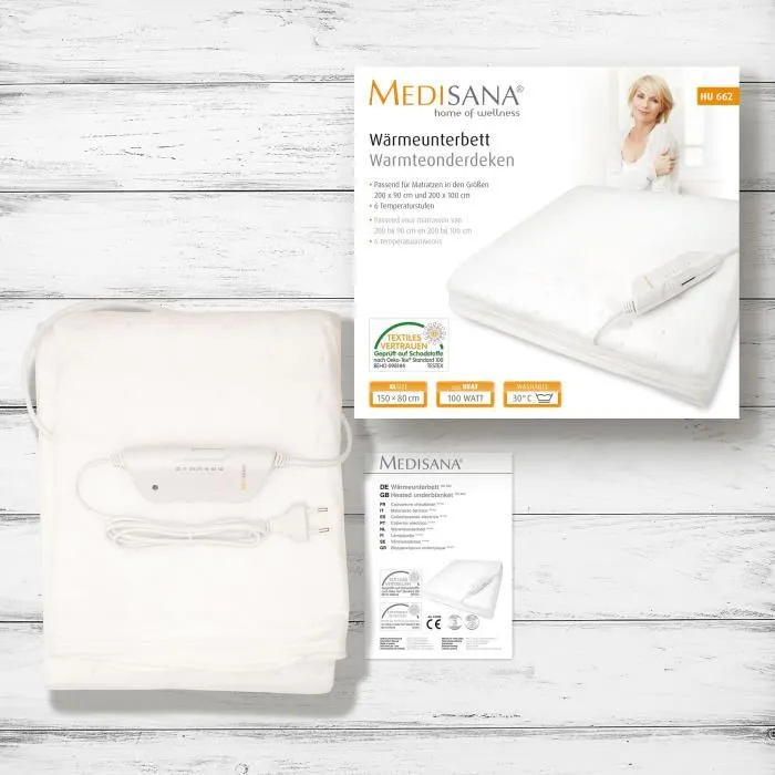Medisana Surmatelas chauffant HU 662, 2 zones (corps/pieds), lavable, 6 niveaux de température, sécurité surchauffe, arrêt auto 180 min, Oeko-Tex (150 x 80 cm)