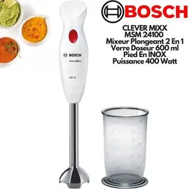 Bosch CleverMixx MSM24100 - Mixeur plongeant 400W, pied démontable inox, vitesse unique avec bol, blanc