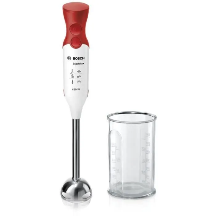 Bosch MSM64110 Mixeur plongeant ErgoMixx - 450W - Pied en inox - 4 lames aiguisées - 2 vitesses - Bol gradué 600 ml - Blanc et rouge