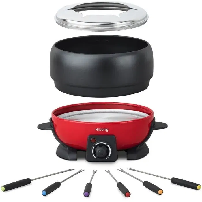 H.Koenig ALP1800 Appareil à fondue 6 personnes, 2 litres, thermostat réglable 25-190°C, 800W, rouge/noir