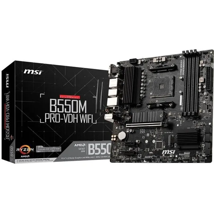 MSI Carte mère B550M PRO-VDH WiFi, Socket AM4, AMD B550, Micro-ATX, 4x slots DDR4, 2x M.2, USB 3.2, HDMI, DisplayPort, Réseau 2.5G, WiFi 6, Bluetooth MSI Carte mère B550M PRO-VDH WiFi, Socket AM4, AMD B550, Micro-ATX, 4x slots DDR4, 2x M.2, USB 3.2, HDMI, DisplayPort, Réseau 2.5G, WiFi 6, Bluetooth
