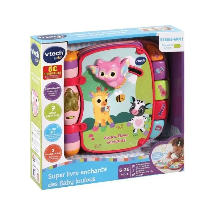 Vtech Baby Super Livre Enchanté des Baby Loulous - Livre interactif musical pour bébés 6 mois+ avec 6 comptines et boutons piano - Rose