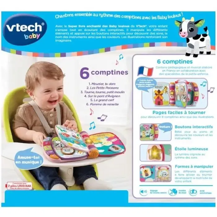 Vtech Baby Super Livre Enchanté des Baby Loulous - Livre interactif musical pour bébés 6 mois+ avec 6 comptines et boutons piano - Rose