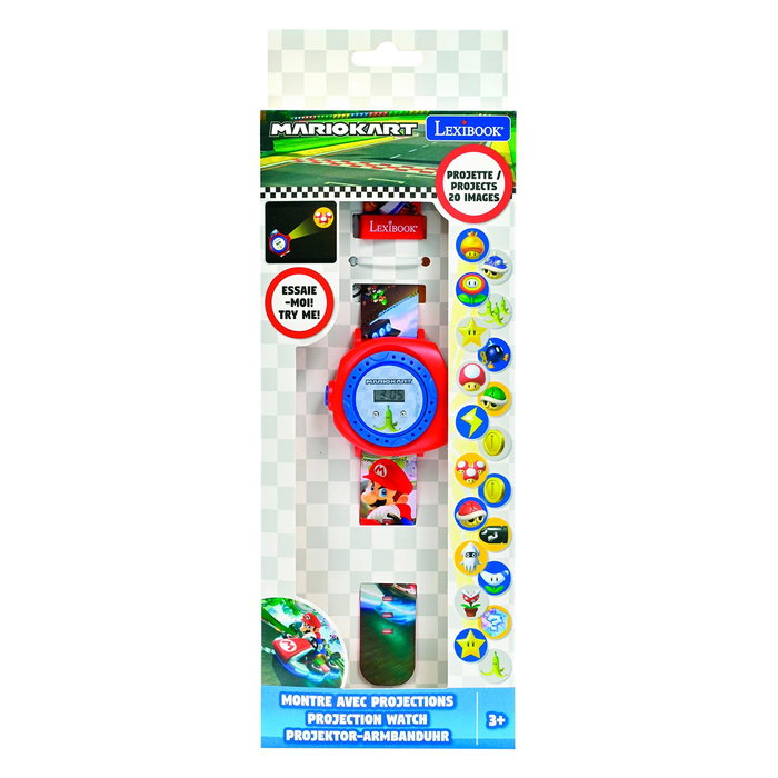 LEXIBOOK Lexibook Montre Digital Mario Kart Projetable - Montre-Bracelet Enfant avec 20 Images à Projeter, Message Codé et Bracelet Ajustable - Licence Nintendo - À Partir de 3 Ans