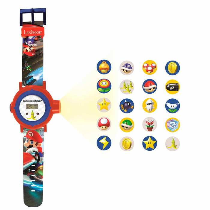 LEXIBOOK Lexibook Montre Digital Mario Kart Projetable - Montre-Bracelet Enfant avec 20 Images à Projeter, Message Codé et Bracelet Ajustable - Licence Nintendo - À Partir de 3 Ans