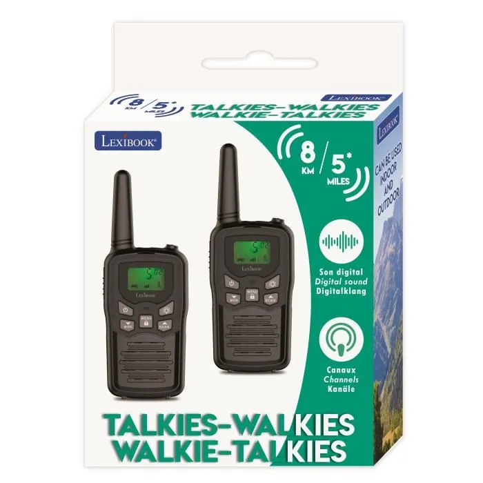 Lexibook - Talkies-walkies noirs, Portée 8 km, Fonction moniteur, Lampe de poche intégrée, Fonction squelch - Idéal jeux extérieur Lexibook - Talkies-walkies noirs, Portée 8 km, Fonction moniteur, Lampe de poche intégrée, Fonction squelch - Idéal jeux extérieur