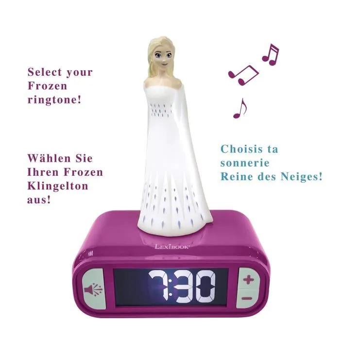 Lexibook Réveil Veilleuse Digital Lumineux 3D La Reine Des Neiges 2 (Frozen) pour Enfant - Écran LCD Rétro-éclairé, Effets Sonores, Alarme - Blanc et Violet