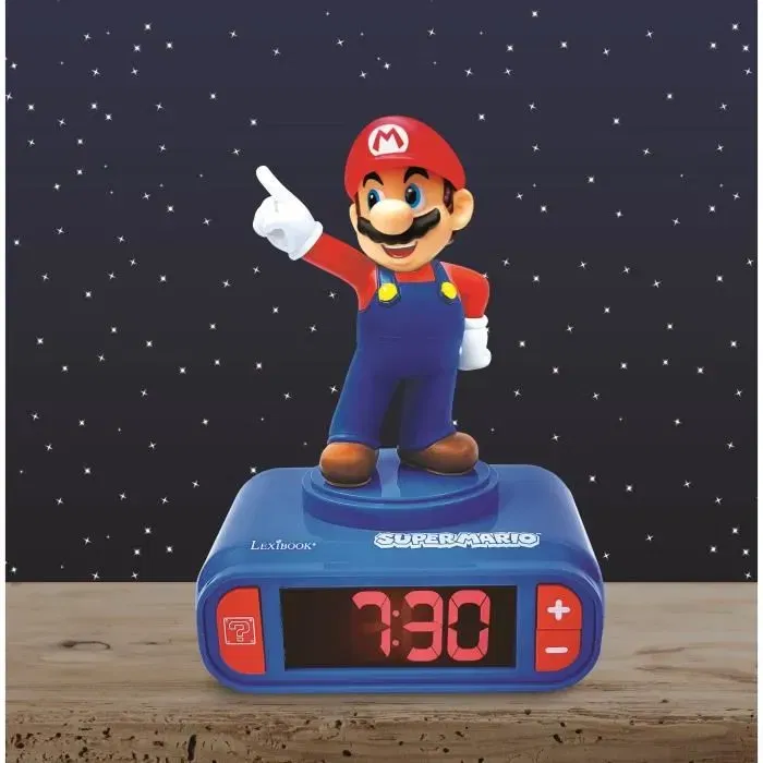 Lexibook Réveil Veilleuse Digital Super Mario 3D Lumineux et Sonore Bleu et Rouge avec Écran LCD et Effets Sonores pour Enfant