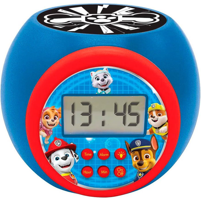 LEXIBOOK Réveil Projection Enfant Paw Patrol avec Écran LCD Rétroéclairé Bleu - Personnages Marshall, Rubble, Chase, Skye, Everest - Alarme Snooze et Minuteur