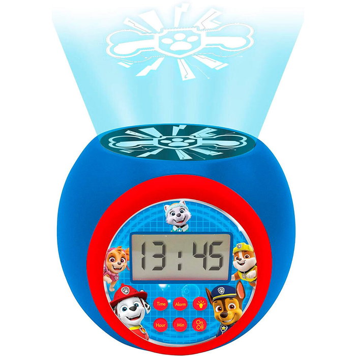 LEXIBOOK Réveil Projection Enfant Paw Patrol avec Écran LCD Rétroéclairé Bleu - Personnages Marshall, Rubble, Chase, Skye, Everest - Alarme Snooze et Minuteur