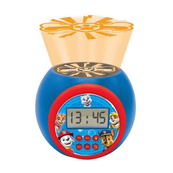 LEXIBOOK Réveil Projection Enfant Paw Patrol avec Écran LCD Rétroéclairé Bleu - Personnages Marshall, Rubble, Chase, Skye, Everest - Alarme Snooze et Minuteur