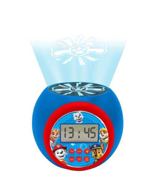 LEXIBOOK Réveil Projection Enfant Paw Patrol avec Écran LCD Rétroéclairé Bleu - Personnages Marshall, Rubble, Chase, Skye, Everest - Alarme Snooze et Minuteur