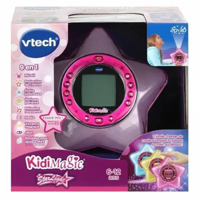 VTECH KidiMagic Starlight Rose - Réveil magique pour enfant 6-12 ans, langue française - Projection heure, étoile lumineuse, horloge parlante, radio, enceinte MP3, jeux