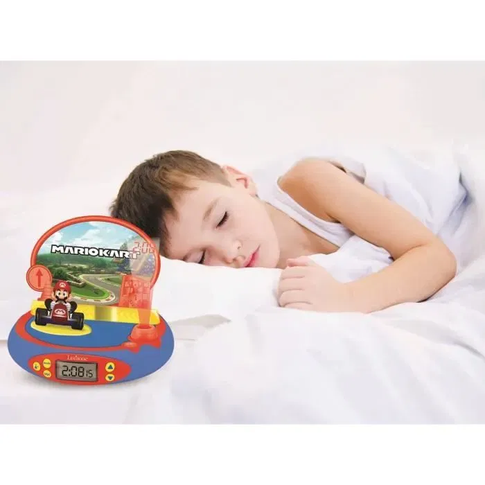 Lexibook Réveil Projecteur Mario Kart avec Sons Officiels du Jeu Nintendo, Projection d'Heure au Plafond, Veilleuse et Alarme avec Snooze, Réveil à Thème Vidéo