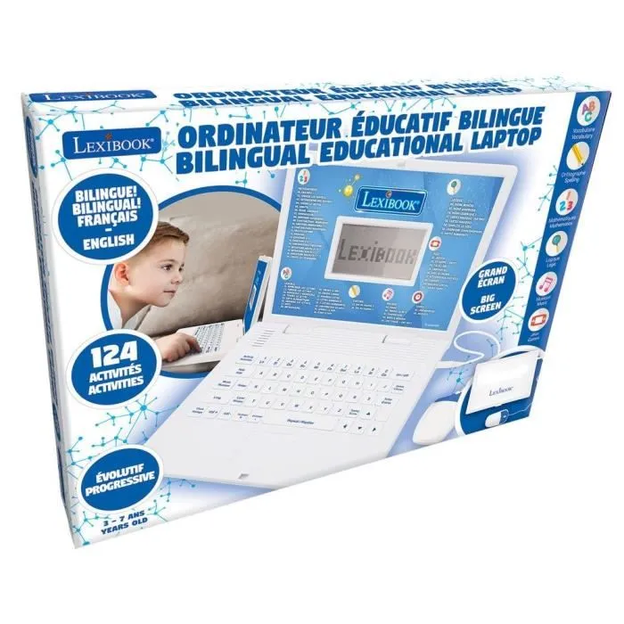 Lexibook Ordinateur Educatif Bilingue Enfant (Français/Anglais) avec 124 Activités, Grand Écran 5,1 x 9,7 cm, Apprentissage Mathématiques, Logique, Heure, Musique