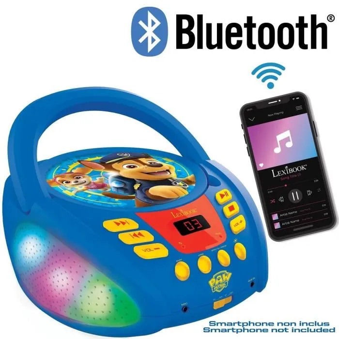 Lexibook Lecteur CD Bluetooth Paw Patrol Pat' Patrouille avec Effets Lumineux, Microphone et Audio Auxiliaire pour Enfants
