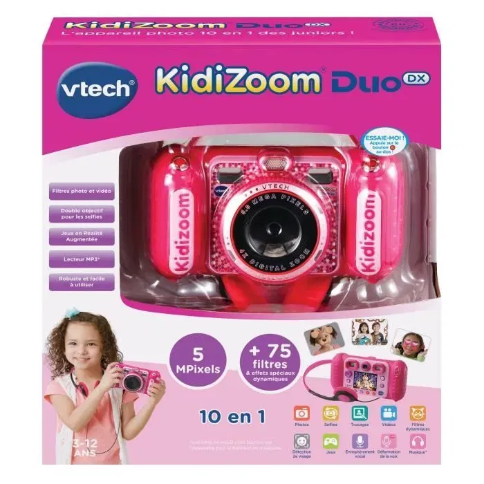 Appareil Photo Enfant VTech Kidizoom Duo DX Rose - 75 Filtres Dynamiques - 5 Jeux en Réalité Augmentée
