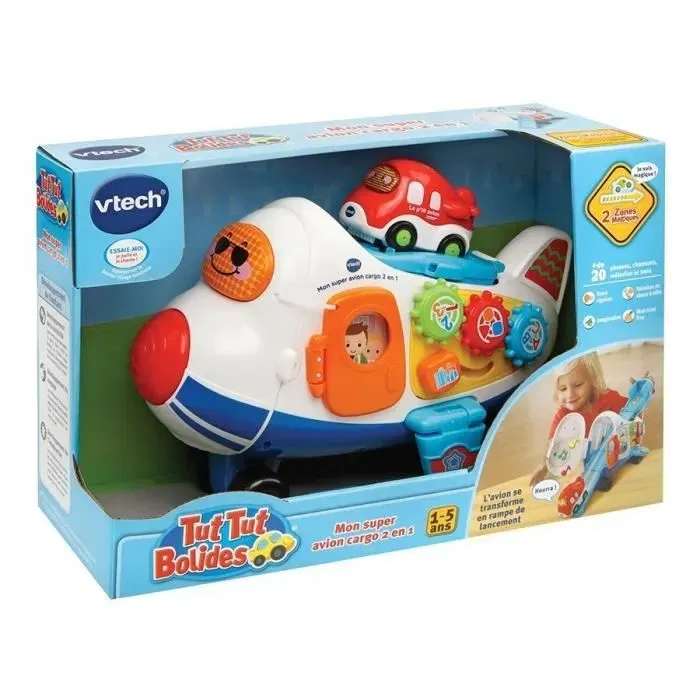 VTECH Avion Cargo 2 en 1 Tut Tut Bolides - Jouet interactif éducatif pour enfants dès 12 mois - Version française - Bleu