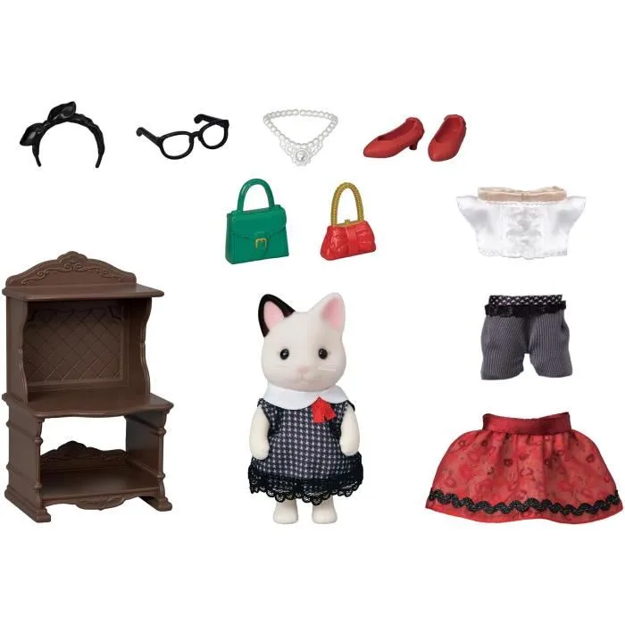 Sylvanian Families - Valisette de Mode avec Grande Soeur Chat Bicolore, Vêtements et Accessoires pour Figurines, Jouet d'Imitation à Partir de 3 Ans