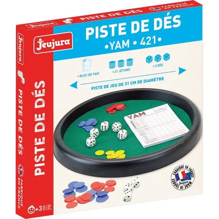 Jeujura Piste de Dés 421 Réf. 8154 Yam avec 5 Dés, 21 Jetons et 1 Bloc Score - Diamètre 31 cm - Jeu de Société Enfant dès 3 ans