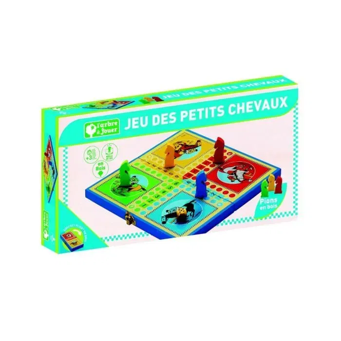 Jeujura Coffret Pliant Petits Chevaux L'Arbre à Jouer - Jeu de Société en Bois pour Enfants à Partir de 3 Ans - Dimensions 25 x 25 x 1.5 cm