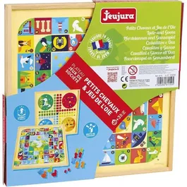 Jeujura Jeux de l'oie et petits chevaux - Plateau de jeu en bois avec pions et dés - 33 x 33 x 2 cm