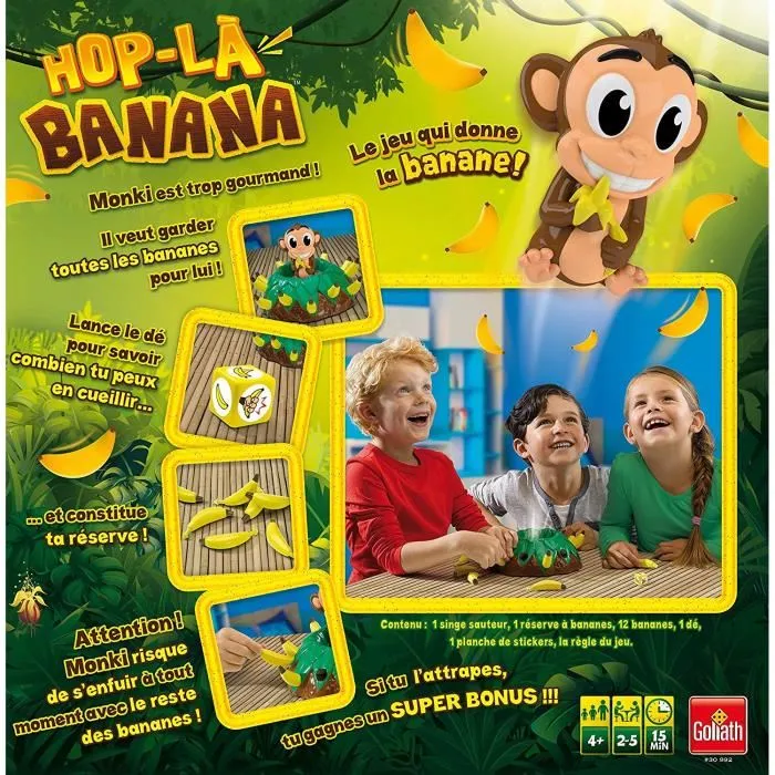 Goliath Hop la Banana - Jeu de société pour enfants dès 4 ans - Avec singe sauteur et bananes - 2 à 5 joueurs