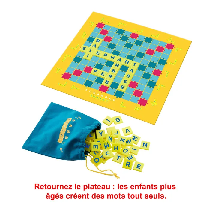 Mattel Games Scrabble Junior, jeu de société pour enfants de 6 ans et plus, plateau réversible 2 niveaux, apprentissage lecture et mots, référence Y9668