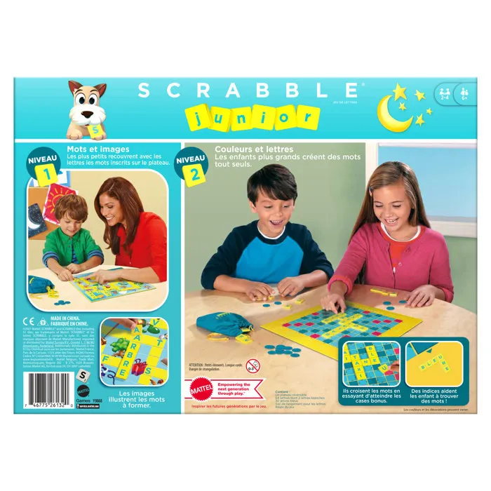 Mattel Games Scrabble Junior, jeu de société pour enfants de 6 ans et plus, plateau réversible 2 niveaux, apprentissage lecture et mots, référence Y9668