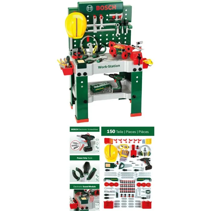 Bosch Workstation N°1 - Établi de bricolage pour enfant ultra-équipé avec visseuse, étagère, module sonore, étau, casiers et accessoires