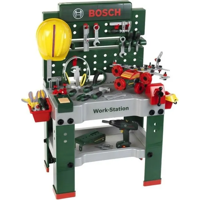 Bosch Workstation N°1 - Établi de bricolage pour enfant ultra-équipé avec visseuse, étagère, module sonore, étau, casiers et accessoires Bosch Workstation N°1 - Établi de bricolage pour enfant ultra-équipé avec visseuse, étagère, module sonore, étau, casiers et accessoires
