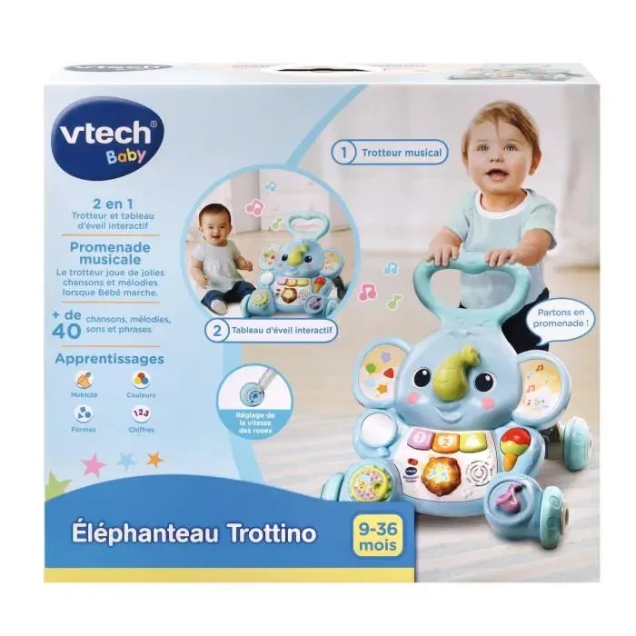 VTech Baby Élêphanteau Trottino, Porteur Trotteur avec Freins et Sons, pour Enfants de 9 à 36 Mois, Bleu Multicolore