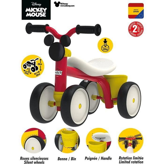 Smoby Porteur Mickey Mouse Rookie en métal - Rouge
