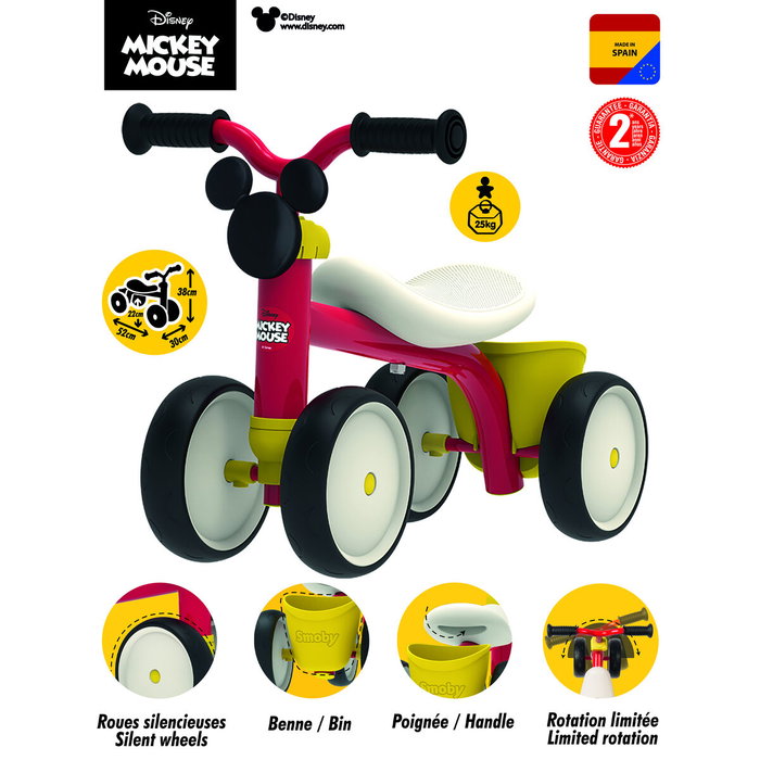 Smoby Porteur Mickey Mouse Rookie en métal - Rouge