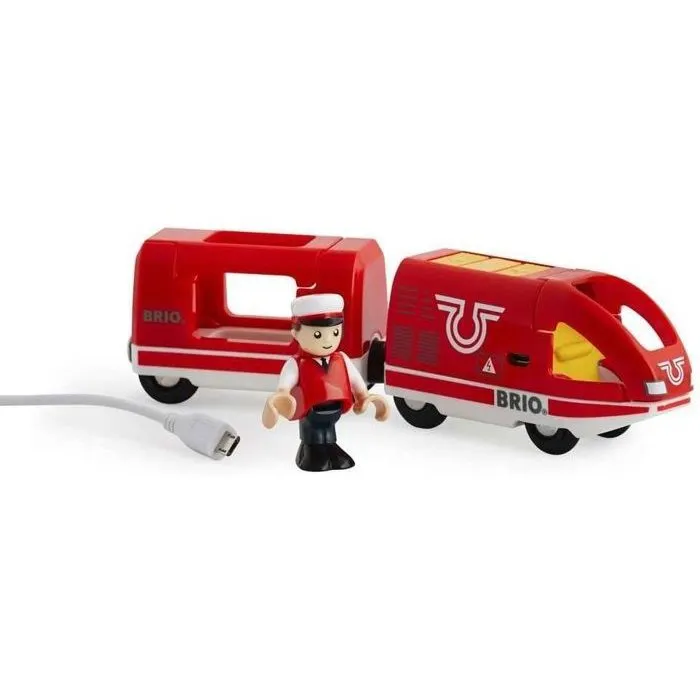 BRIO Train de Voyageur Rechargeable - Circuit de train en bois rouge avec locomotive, wagon et personnage - Recharge USB - Dès 3 ans