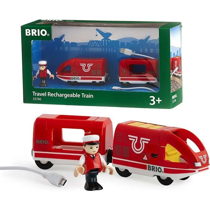 BRIO Train de Voyageur Rechargeable - Circuit de train en bois rouge avec locomotive, wagon et personnage - Recharge USB - Dès 3 ans