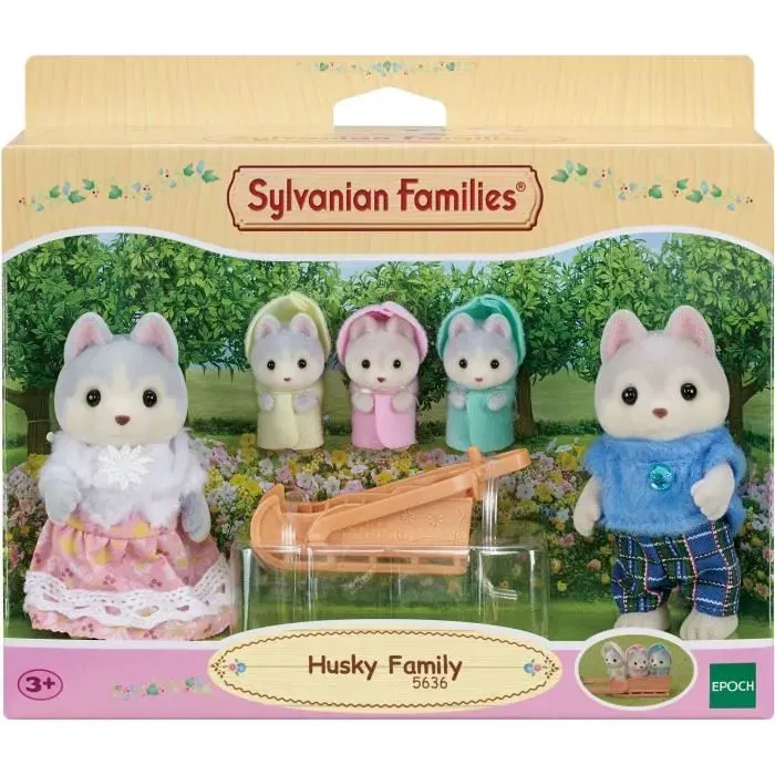 Sylvanian Families - Figurine La Famille Husky avec 5 Personnages Articulés et Vêtements Amovibles, pour Enfant à Partir de 3 Ans (Bleu)