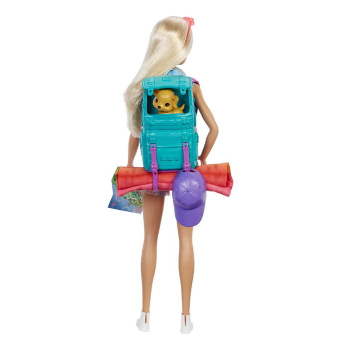 Barbie - Poupée Malibu ¡Vamos De Camping! avec Brooklyn et accessoires - Ensemble de camping avec sac de couchage, chiot et plus de 10 accessoires - Réf. Hdf73 Mattel