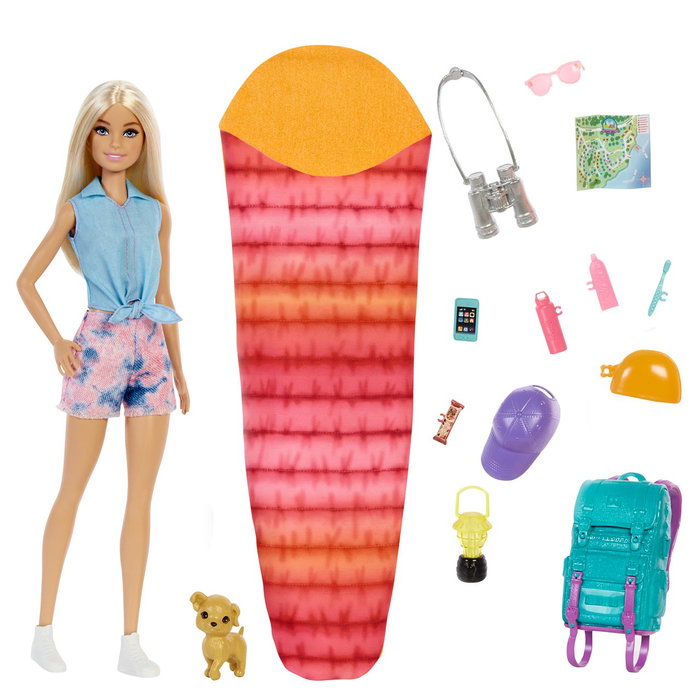 Barbie - Poupée Malibu ¡Vamos De Camping! avec Brooklyn et accessoires - Ensemble de camping avec sac de couchage, chiot et plus de 10 accessoires - Réf. Hdf73 Mattel
