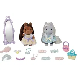 Sylvanian Families - Les amis poney et leurs kits de coiffure : 2 figurines, miroir, brosse, sacs et accessoires