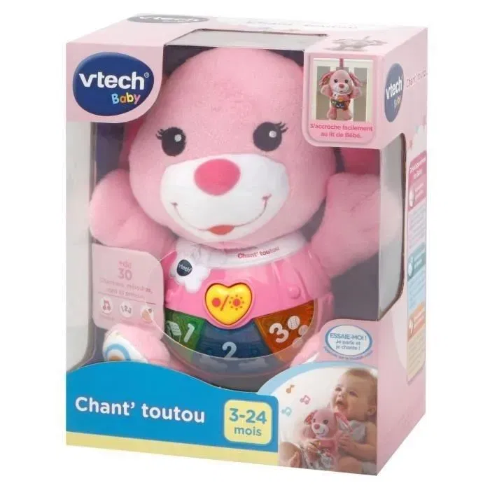 Vtech Baby Chant'toutou 502355, Jouet d'éveil musical en peluche rose interactif pour bébé avec boutons lumineux, chiffres et chansons