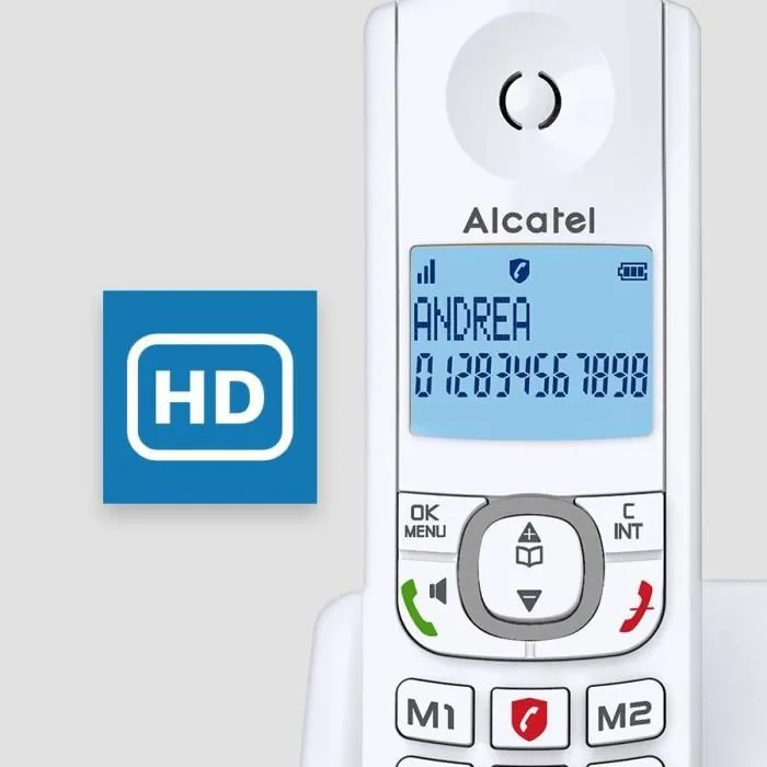 Alcatel Téléphone sans fil F530 Voice avec répondeur 14 min, blocage d'appels, mains libres, 2 mémoires directes, grand écran, blanc et gris Alcatel Téléphone sans fil F530 Voice avec répondeur 14 min, blocage d'appels, mains libres, 2 mémoires directes, grand écran, blanc et gris