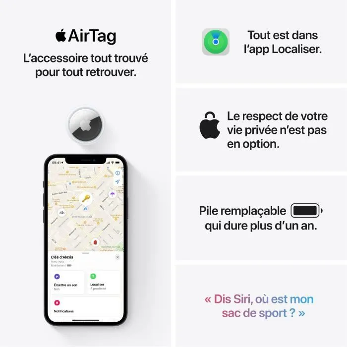 Apple AirTag - Traqueur de localisation Bluetooth pour clés, sacs et objets, Pack de 1