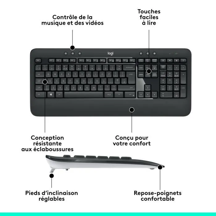 Logitech MK540 - Ensemble Clavier et Souris Sans Fil - AZERTY Noir - Confortable, Précis et Réduit le Bruit