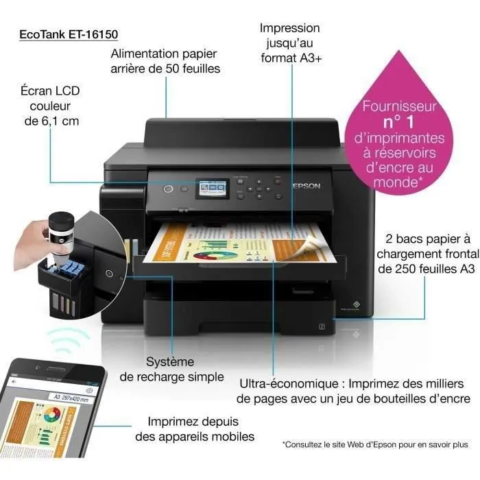 Epson Imprimante Monofonction Ecotank ET-16150 Jet d'encre A3/A4 Couleur Wi-Fi C11CJ04401