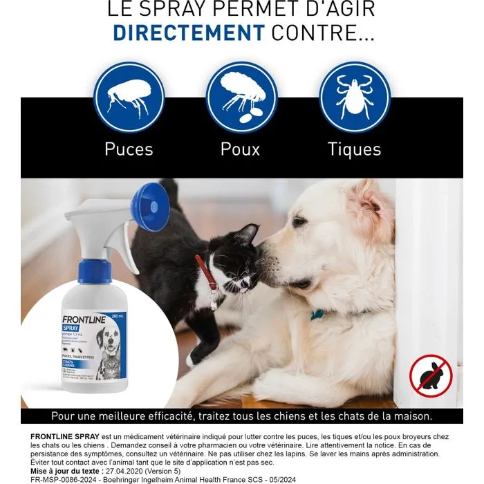 Frontline Spray Anti-puces anti-tiques pour Chat et Chien 250ml