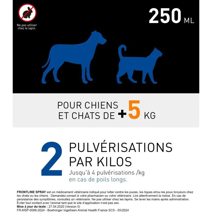 Frontline Spray Anti-puces anti-tiques pour Chat et Chien 250ml
