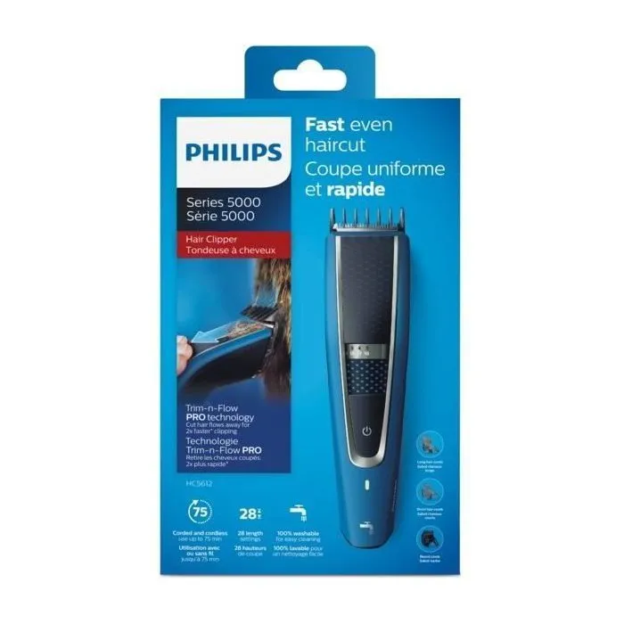 Philips HC5612/15 Tondeuse cheveux Series 5000, 28 hauteurs de coupe, 3 sabots, lames auto-affutées, 75 min autonomie