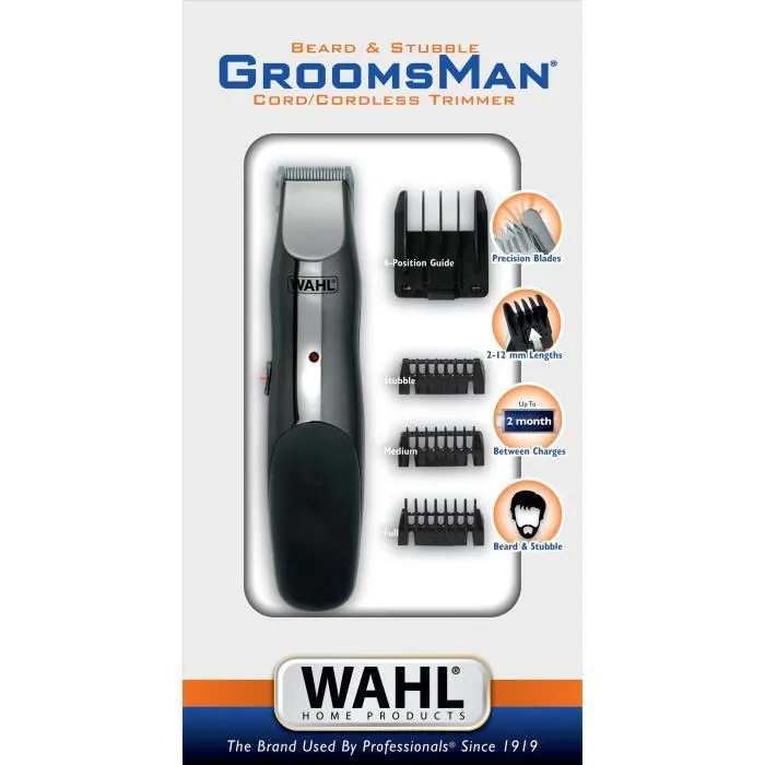 Wahl Groomsman Tondeuse à Barbe 3,5 V Rechargeable avec 6 Sabots de Coupe, Guide 6 Positions, Autonomie 60 min, Gris