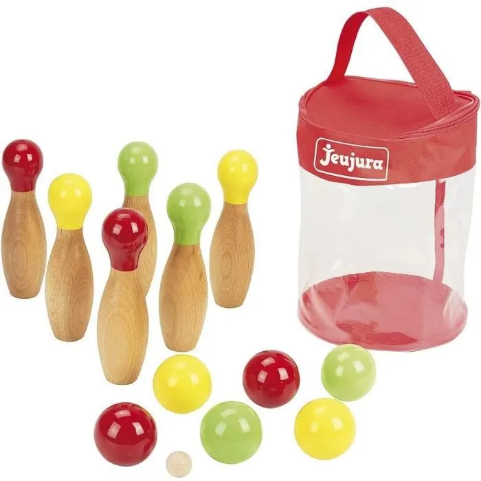 Jeujura Jeu de Quilles et Boules de Pétanque en Bois avec Sac de Rangement Jeujura Jeu de Quilles et Boules de Pétanque en Bois avec Sac de Rangement